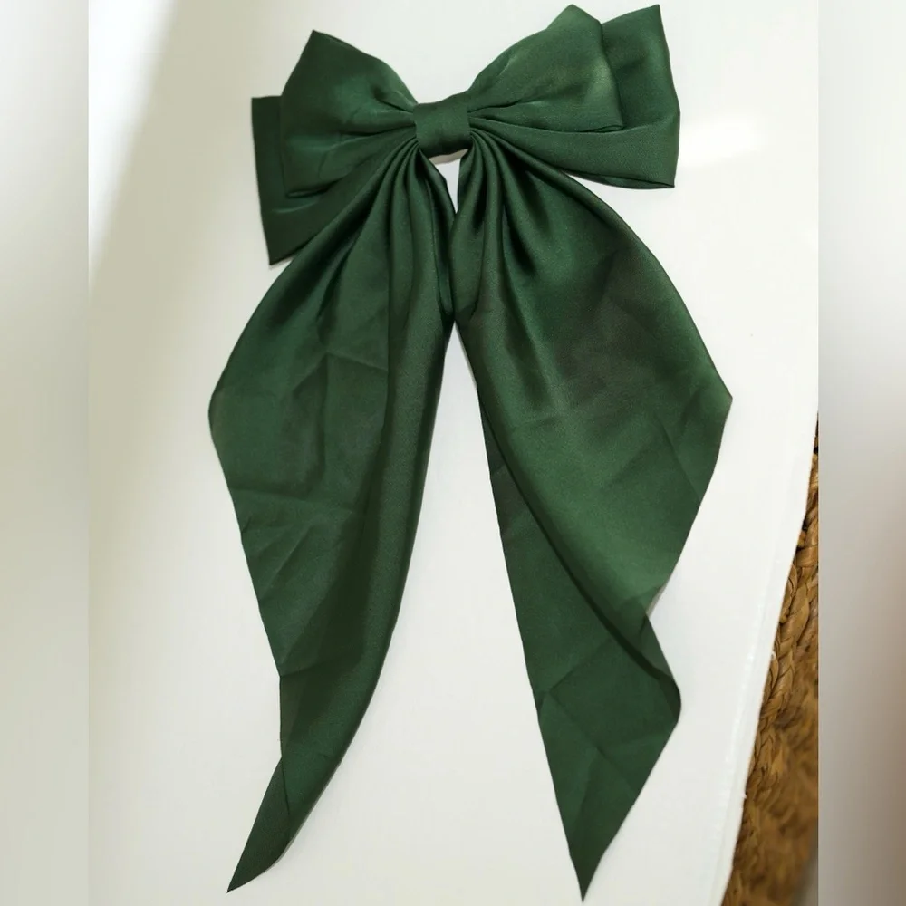 Elegant Dark‎ Green Satin Bow Barrette Hair Accessory
